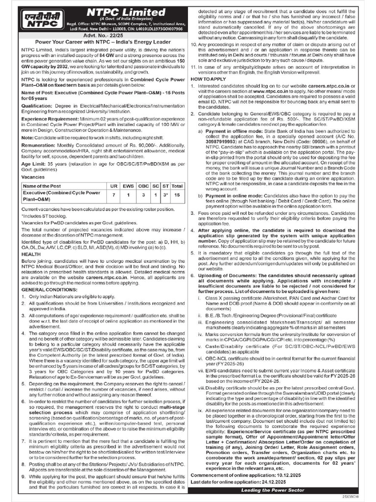 Detailed Notification NTPC Executives Recruitment 2025 | PDF