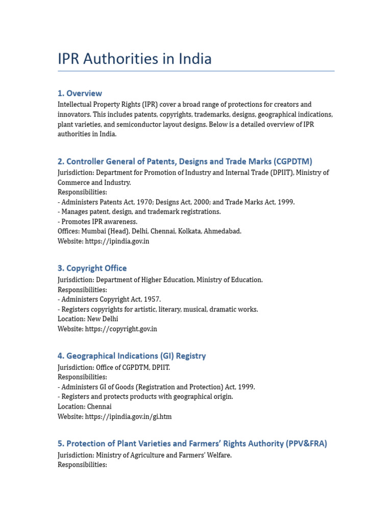 IPR Authorities in India Overview | PDF | Intellectual Property | Trademark