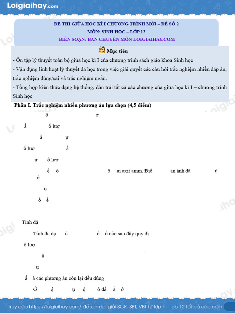 De Thi Giua Ki 1 Sinh 12 Chan Troi Sang Tao de So 2 1727429199 | PDF