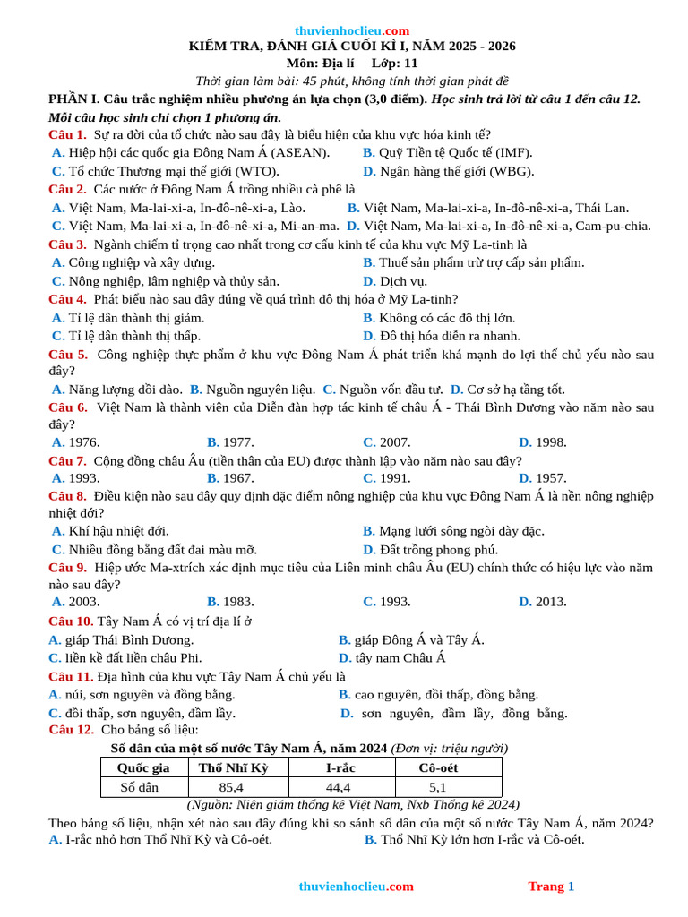 De Kiem Tra HK1 Dia Li 11 Nam 25 26 | PDF