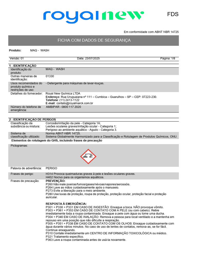 Ficha de Segurança do Produto MAQ-WASH | PDF | Cloro | Substancias químicas
