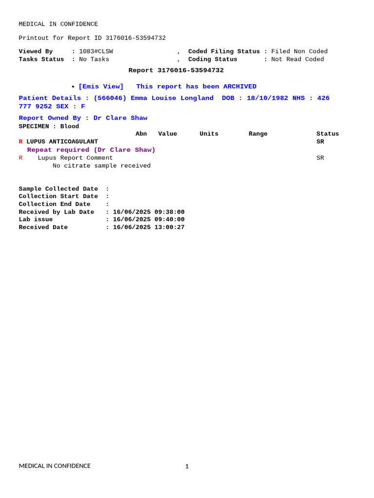 Lupus Anticoagulant Test Report | PDF