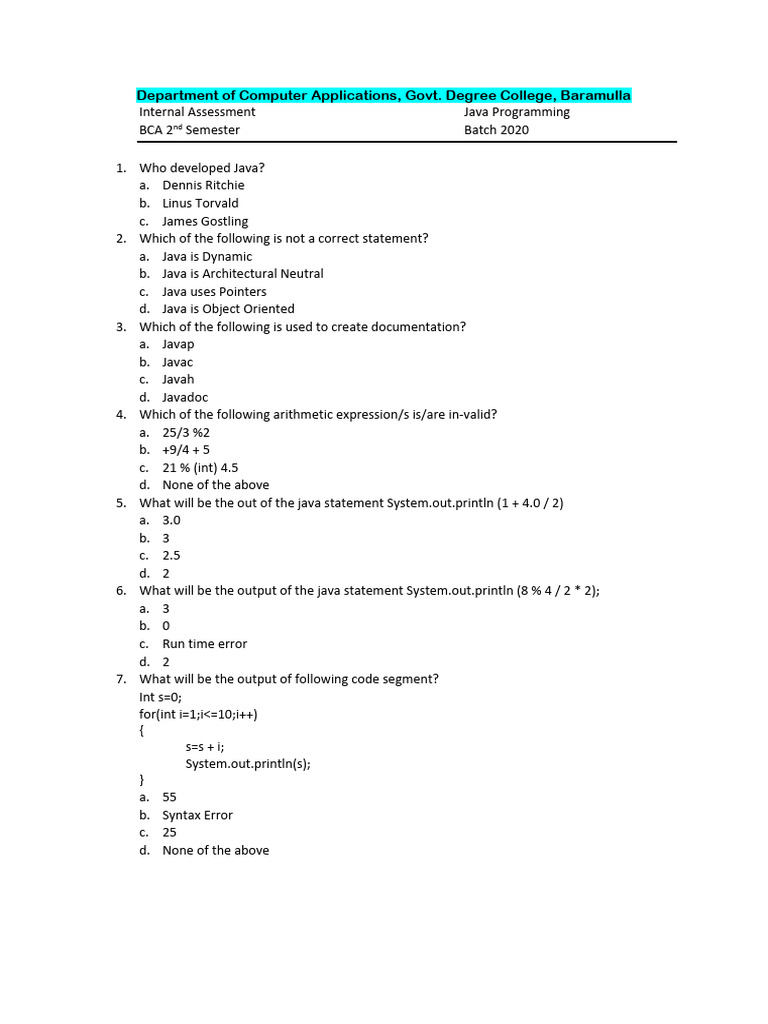 Java Programming Assessment Questions | PDF | Method (Computer ...