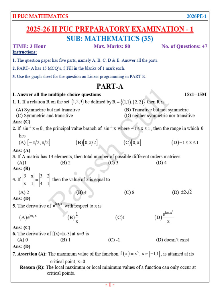 II PUC Mathematics 2025-26 Exam Paper | PDF | System Of Linear ...