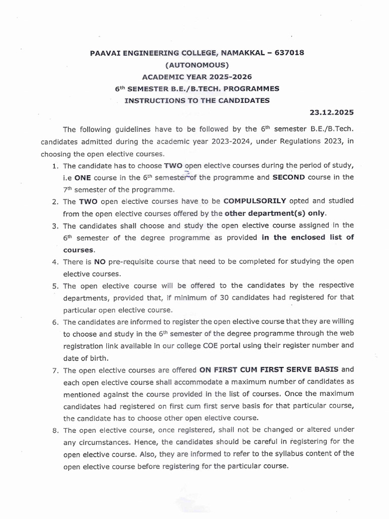 AM2026 - 6th Open Elective Courses Circular | PDF