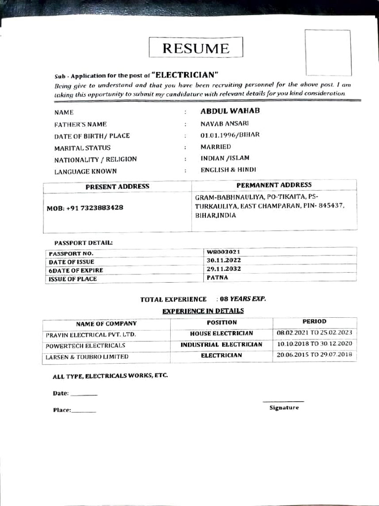 Electrician Job Application Submission | PDF