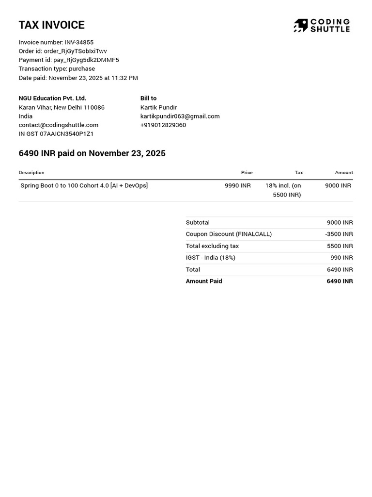 Tax Invoice for Spring Boot Course | PDF