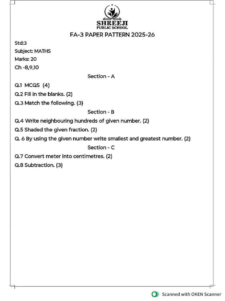 Fa 3 STD 3 Paper Pattern | PDF