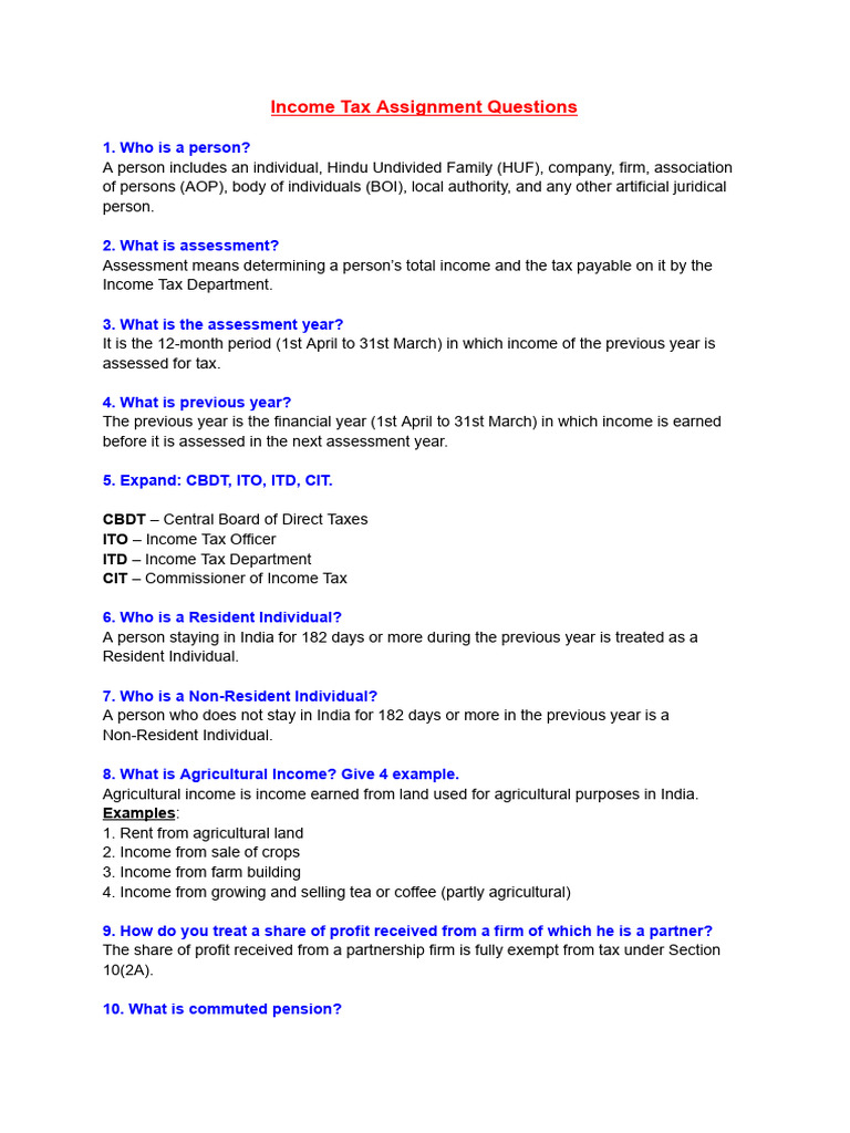 Income Tax Assignment Questions Explained | PDF | Tax Deduction ...