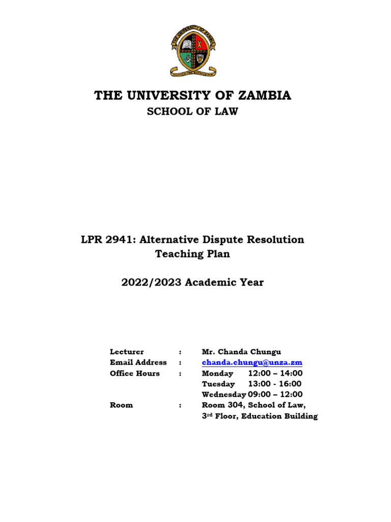 UNZA LPR 2941: ADR Teaching Plan | PDF | Alternative Dispute Resolution ...