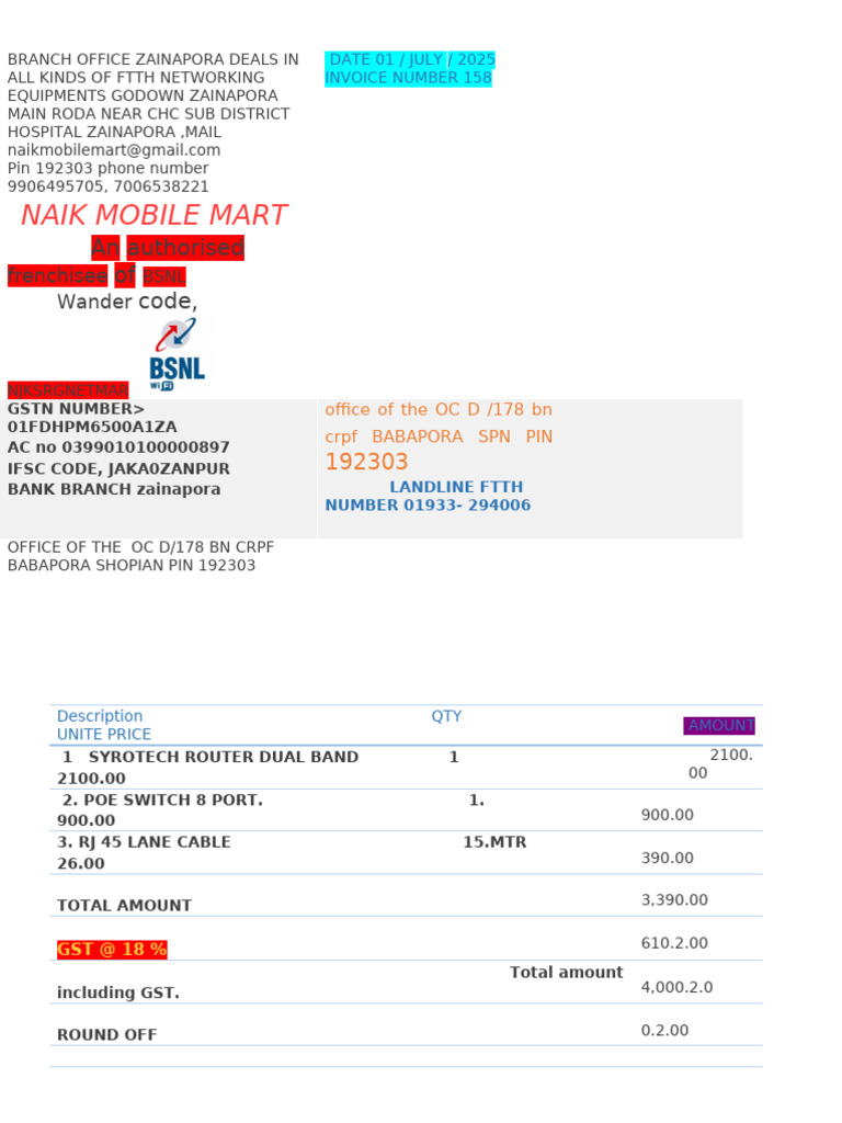 Zainapora FTTH Networking Invoice | PDF