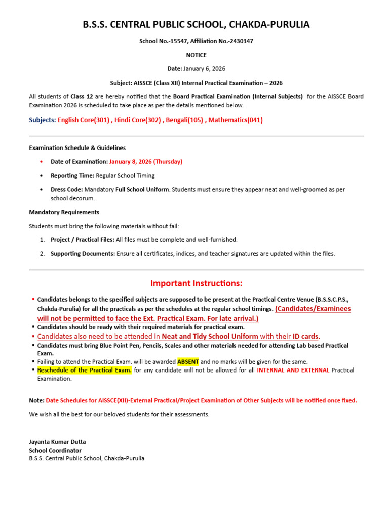 AISSCE Class XII Practical Exam Notice | PDF