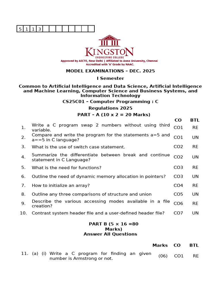 C Programming Model Exam December 2025 | PDF | Software Development ...