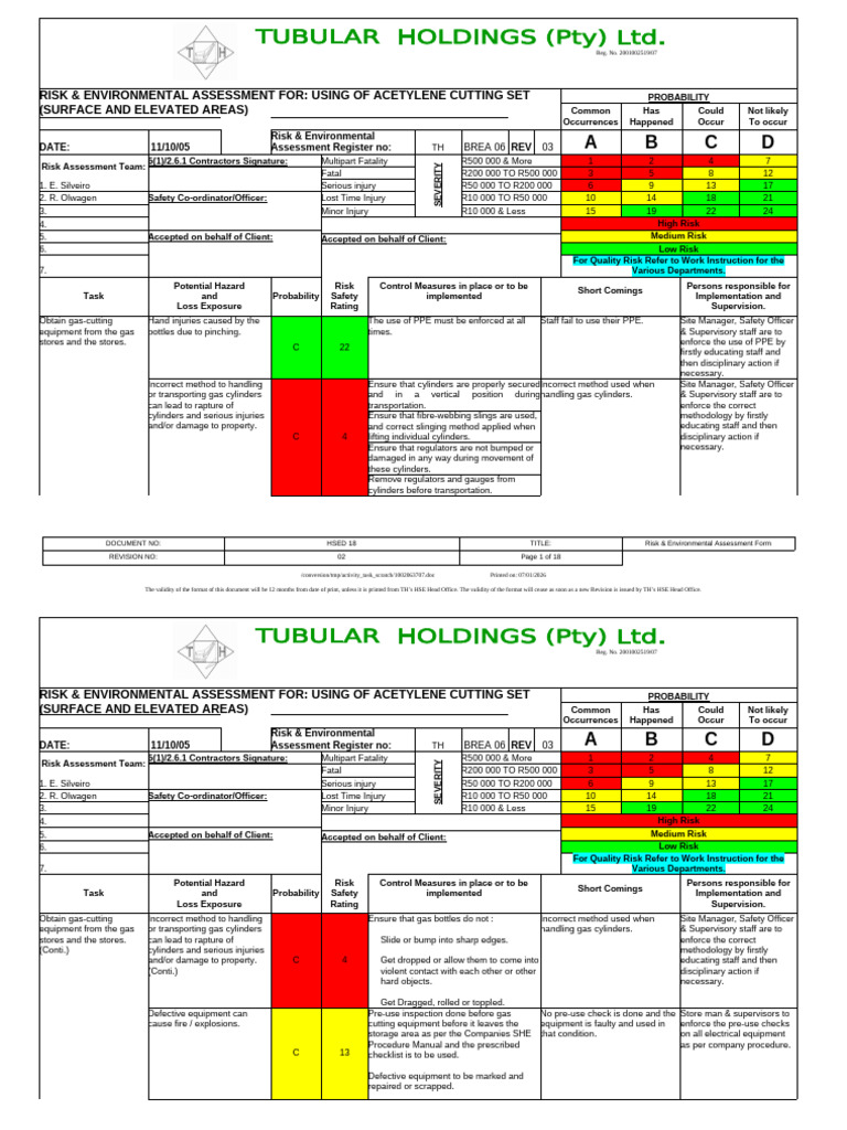 Acetylene Cutting Risk Assessment Guide | PDF | Risk | Fire Safety