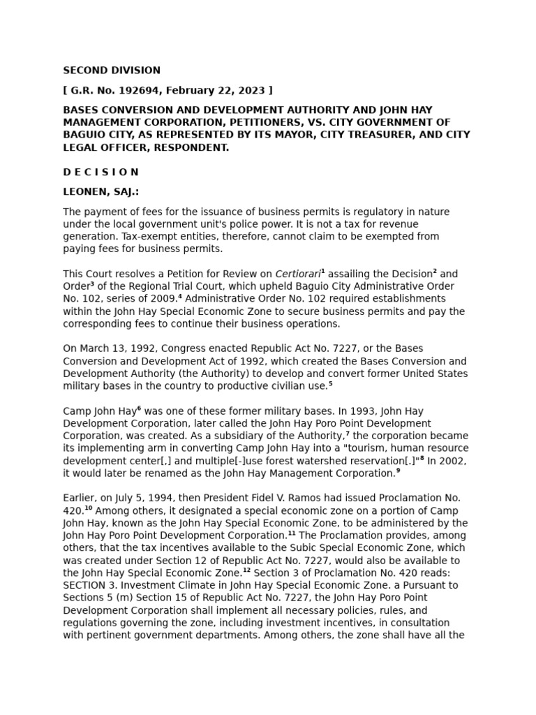 BCDA and John Hay Management Corp. vs. City Government of Baguio, GR No ...