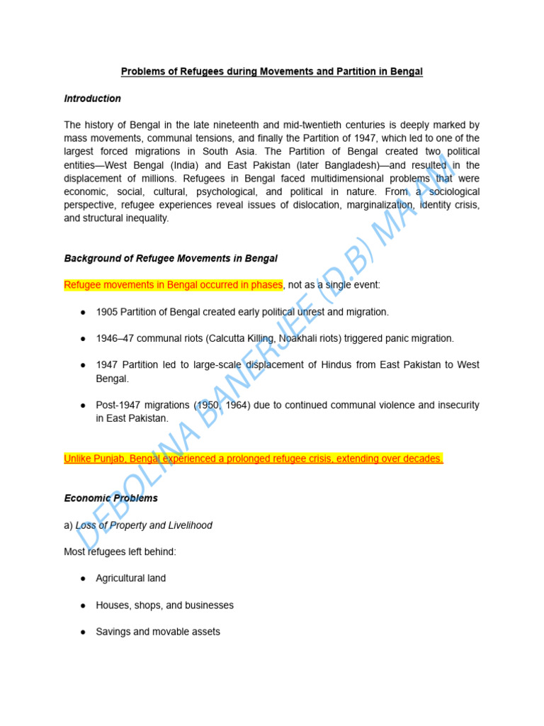 Refugee Challenges in Bengal's Partition | PDF | Partition Of India ...