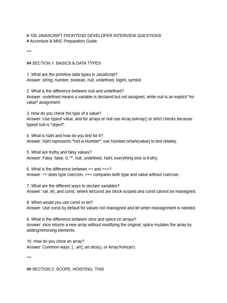 # 100 Javascript Frontend Developer Interview Questions | PDF ...