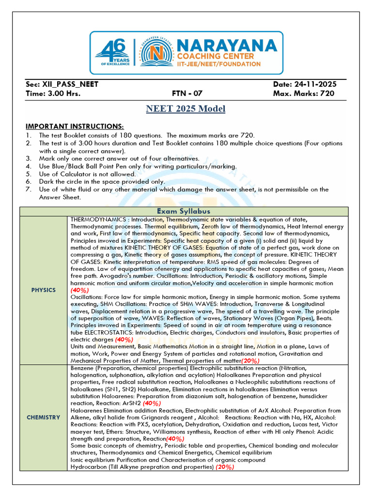 Ftn-7 Xii Pass Neet Nc&Nr 24-11-2025 Qp | PDF | Nervous System ...