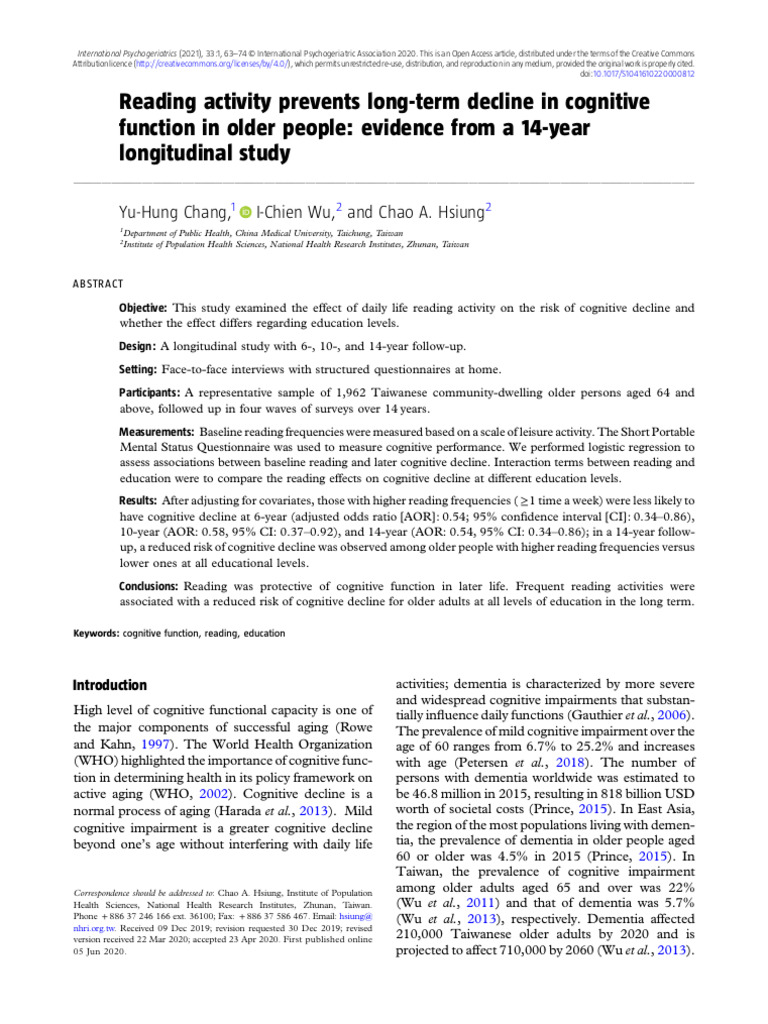 Reading Reduces Cognitive Decline in Seniors | PDF | Dementia | Ageing
