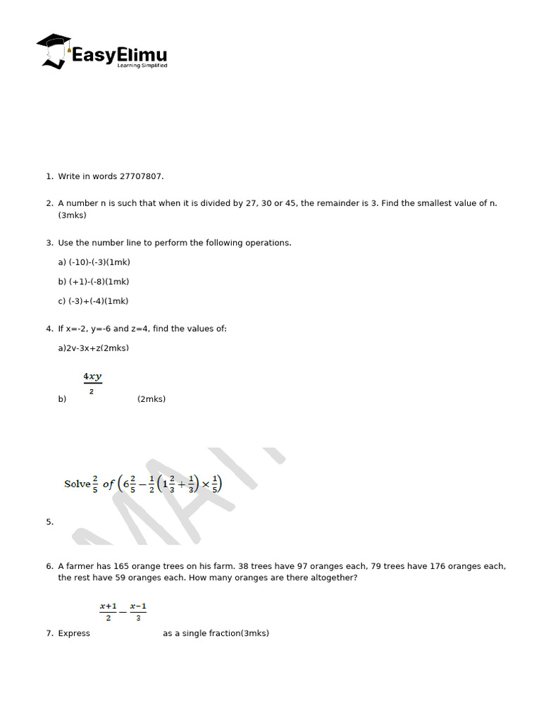 CBC Grade 8 Math Exam Questions 2025 | PDF | Numbers | Elementary ...