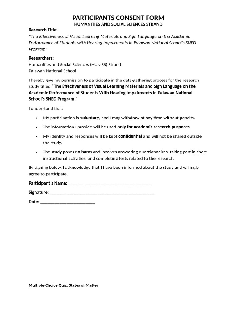 Consent Form for Visual Learning Study | PDF | Plasma (Physics) | Gases