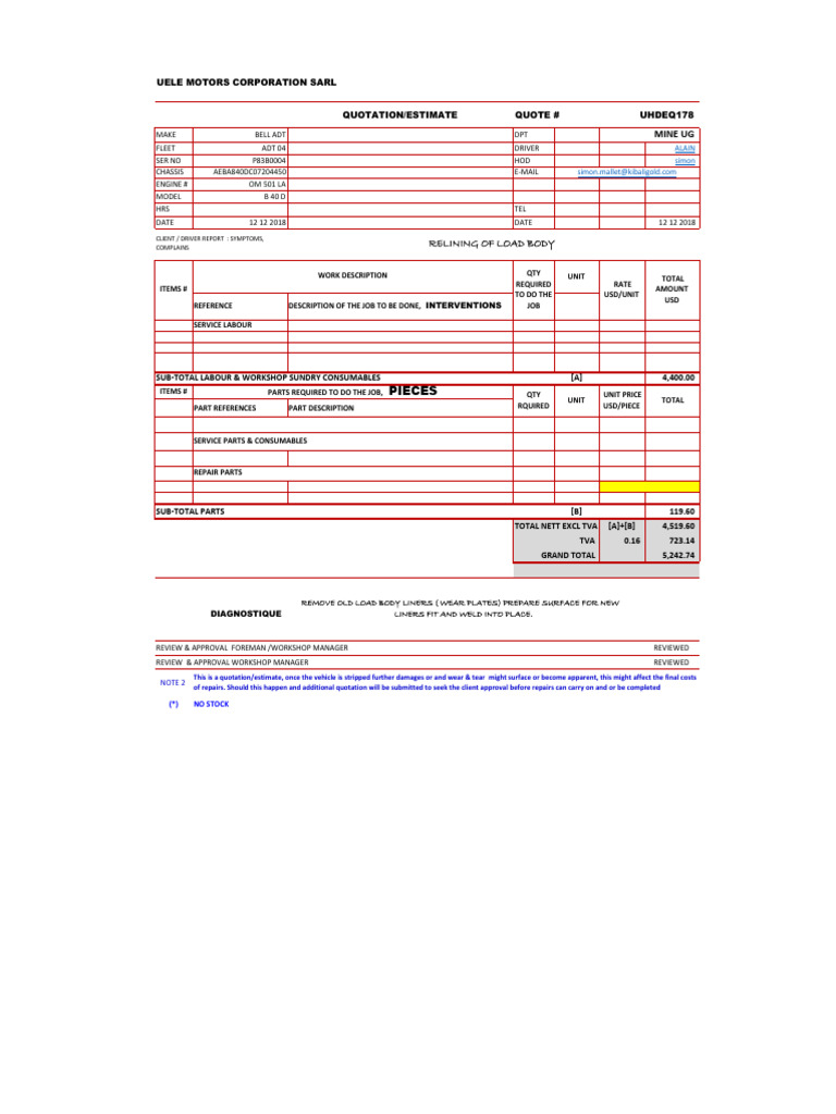 Load Body Liner Repair Quotation | PDF | Vehicles | Motor Vehicle