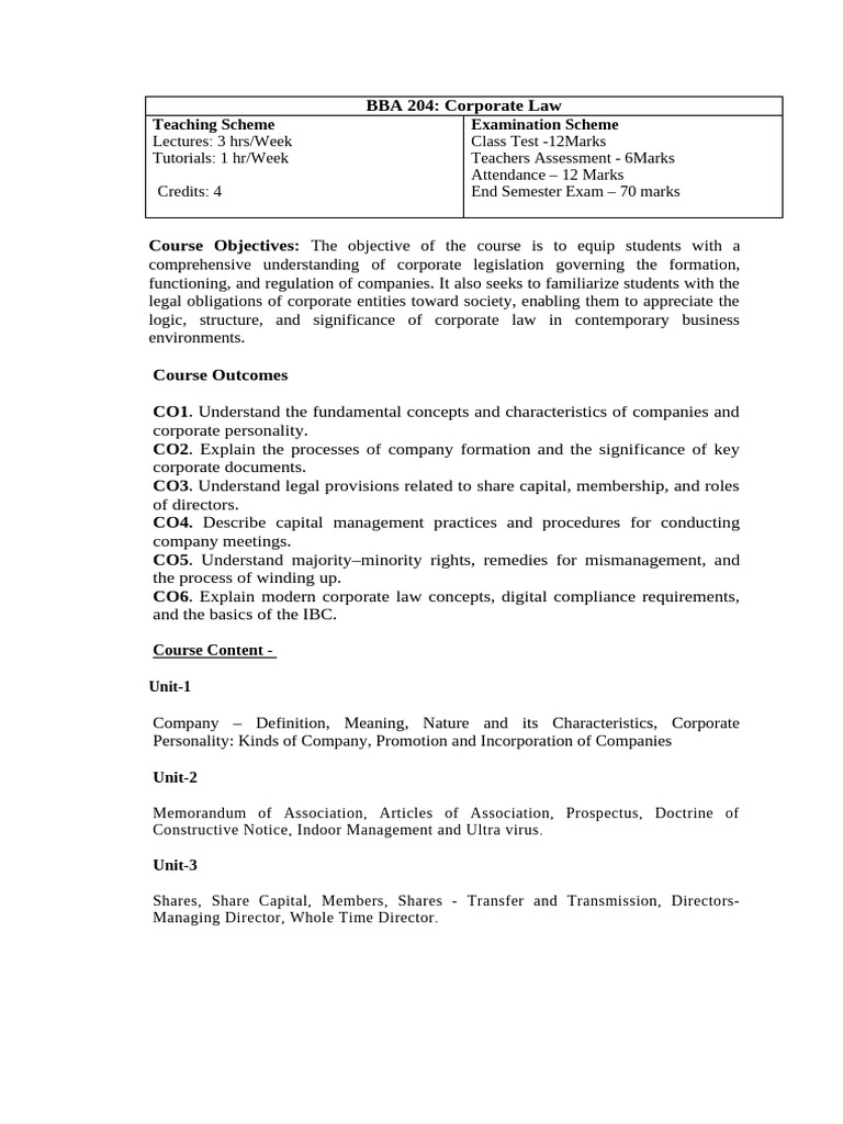 Corporate Law Course Overview BBA 204 | PDF | Corporate Law | Corporations
