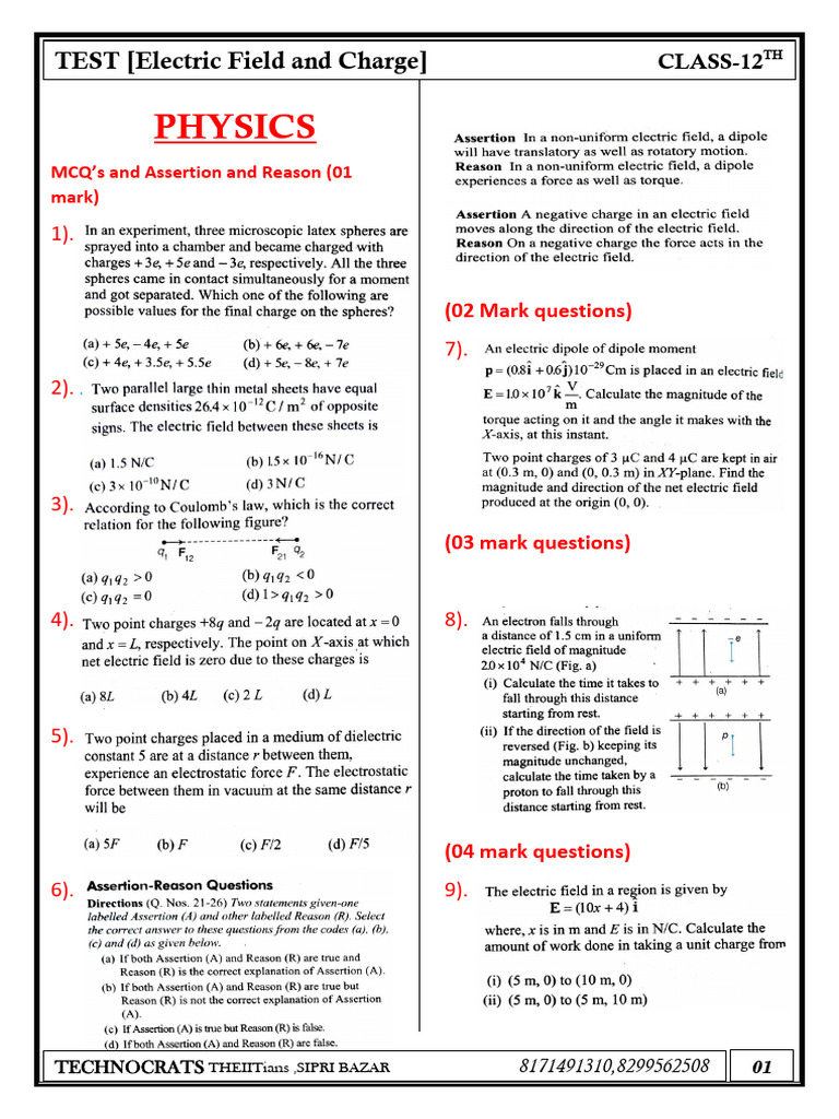 Electric Field and Charge PYQ Test Class 12 | PDF