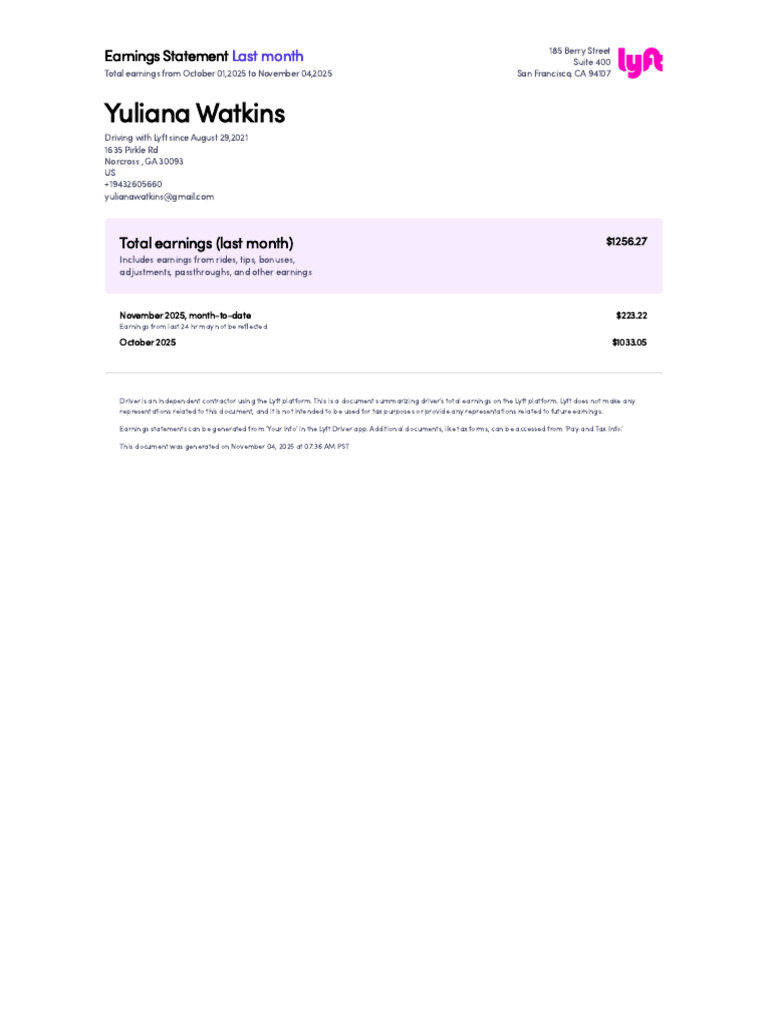 Lyft Driver Earnings Statement Summary | PDF