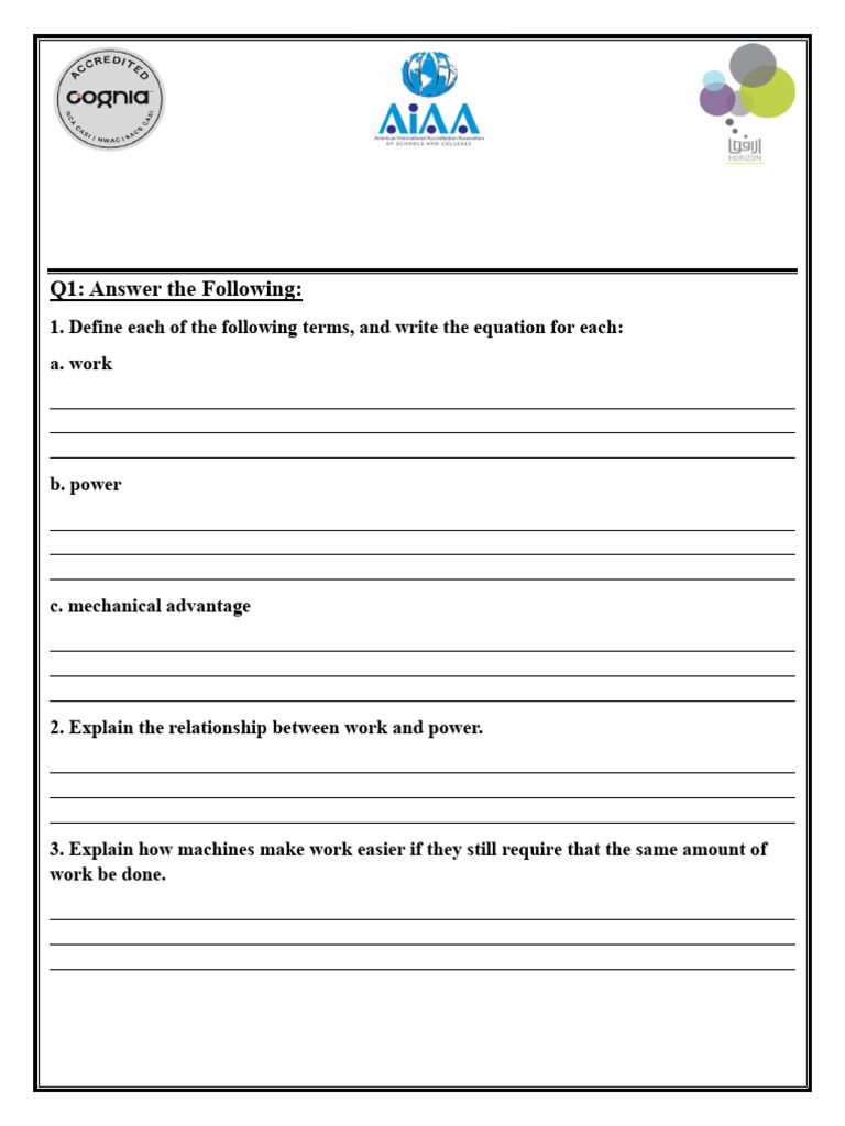 Physics Work, Power, and Machines Worksheet | PDF | Force | Physics