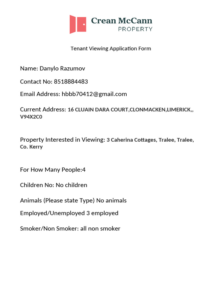 Tenant Prior To Viewing Application Form | PDF