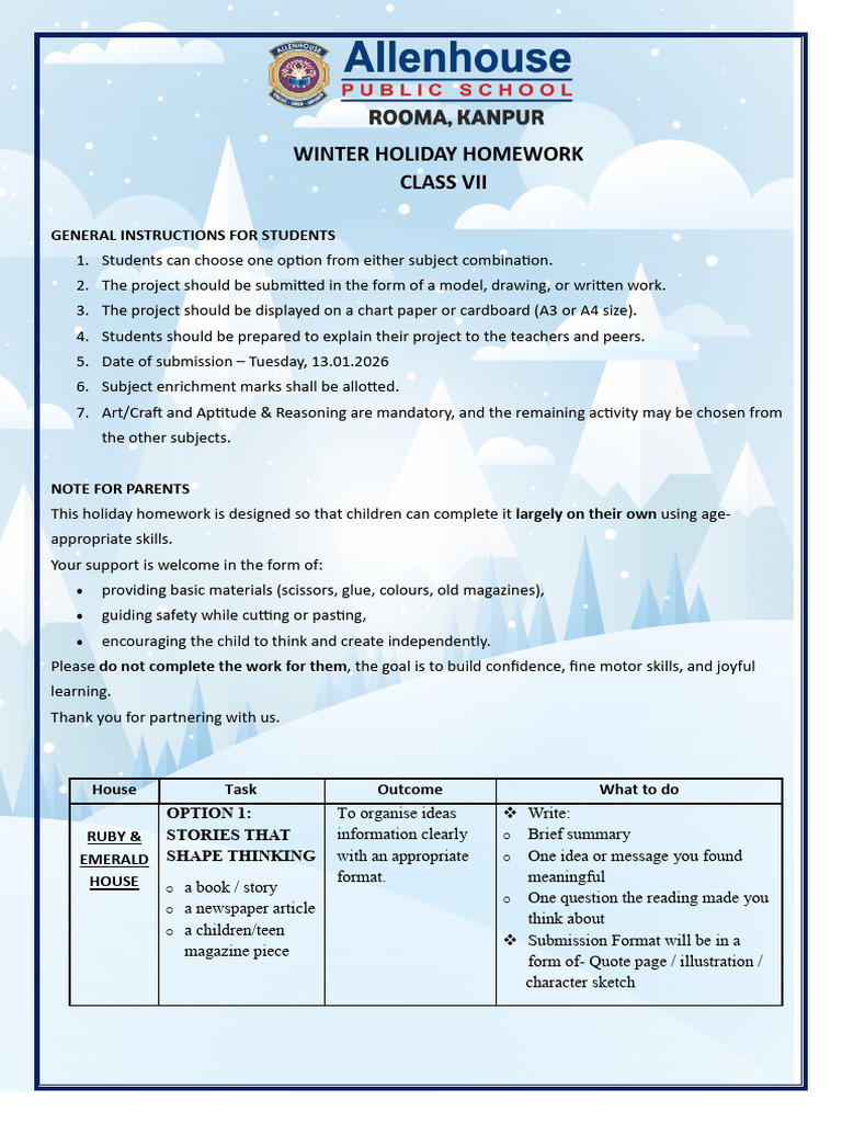 Class VII Winter Holiday Homework Guide | PDF | Cognition | Cognitive ...