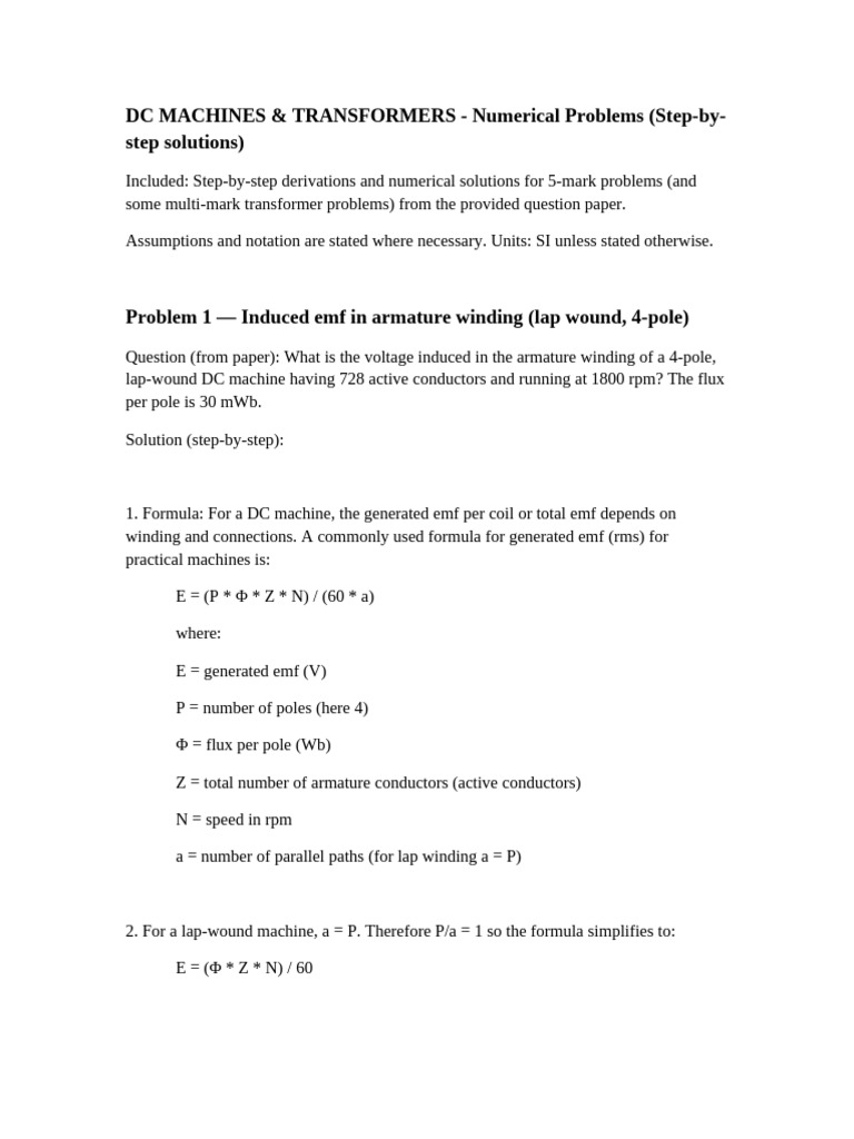 Solu DC Machines Transformers Problems Solutions | PDF | Physical ...