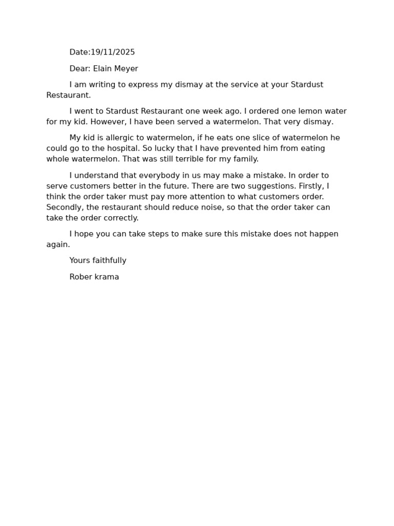Complaint About Service at Stardust Restaurant | PDF