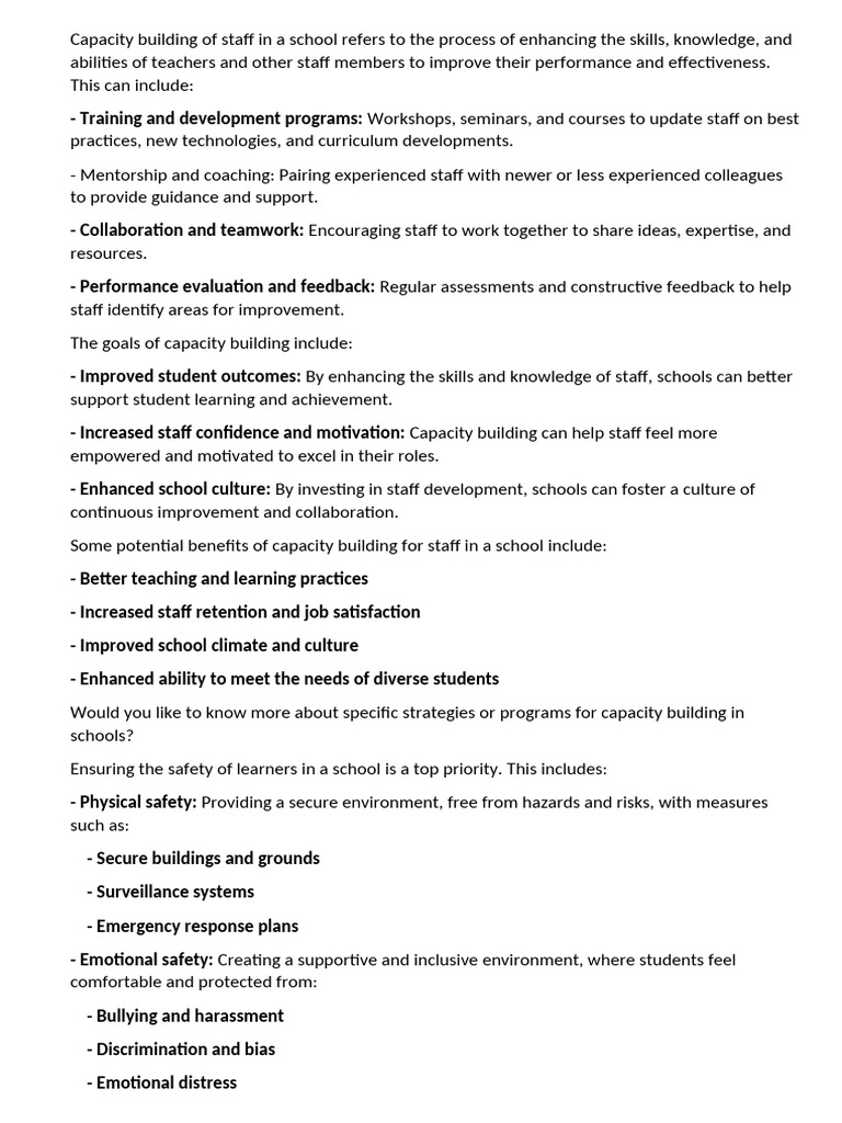 Capacity Building of Staff in a School Refers to the Process of ...