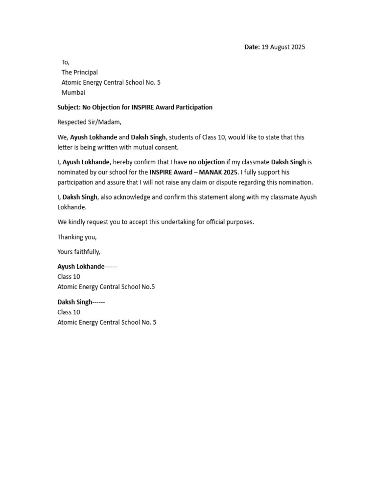 No Objection Letter for INSPIRE Award | PDF