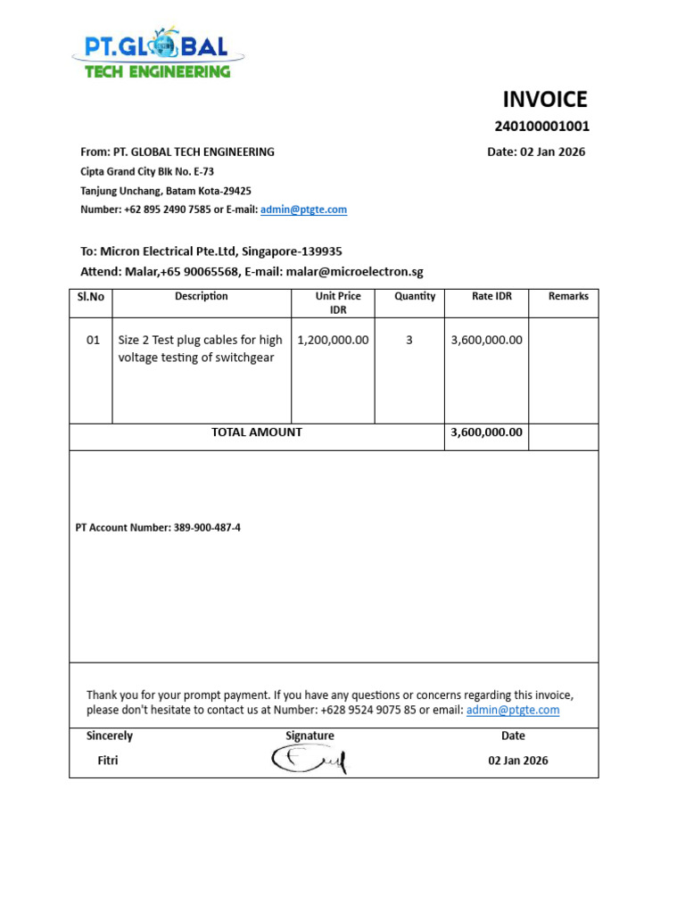 Invoice for High Voltage Test Cables | PDF