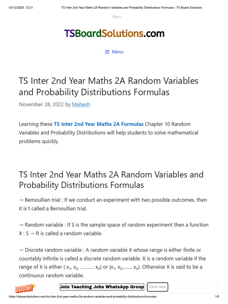 TS Inter 2nd Year Maths: Random Variables Formulas | PDF | Probability ...