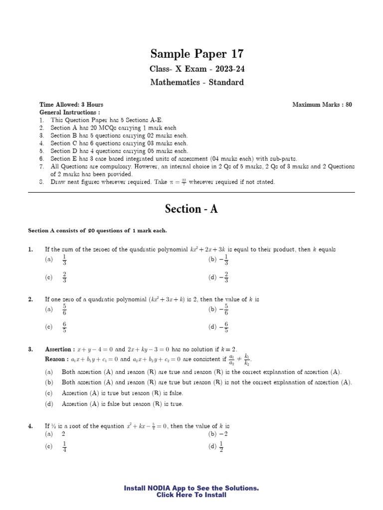 CBSE Class 10 Math Sample Paper 17 | PDF | Sphere | Euclidean Geometry