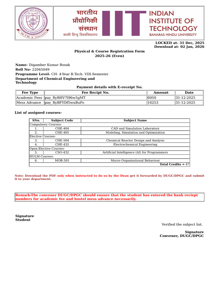 2025-26 B.Tech Course Registration Form | PDF