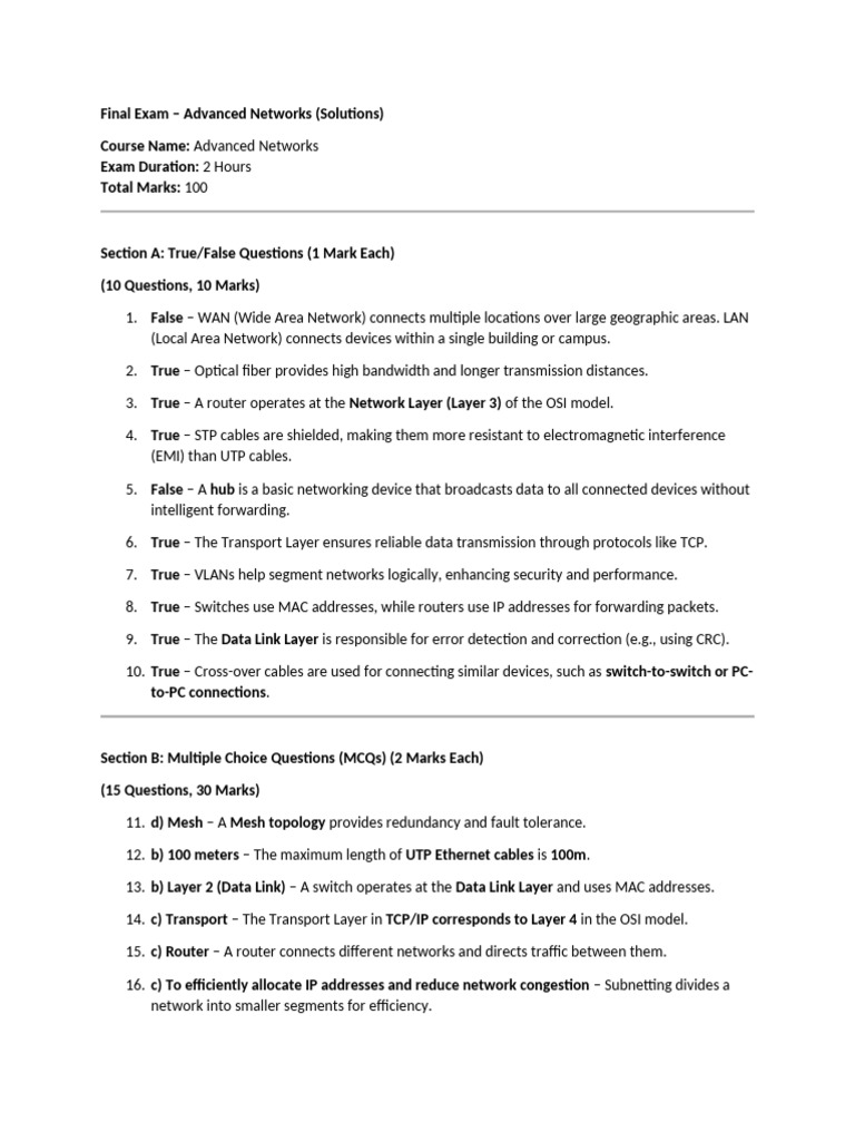 Advanced Networks Final Exam Solutions | PDF | Computer Network ...