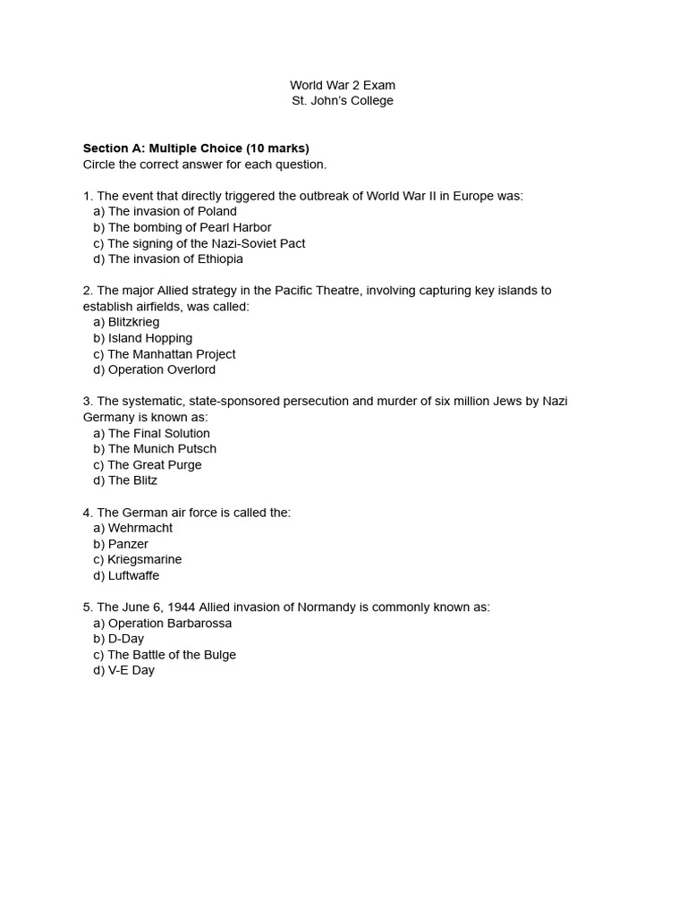 World War II Exam Questions and Answers | PDF | World War II | Blitzkrieg