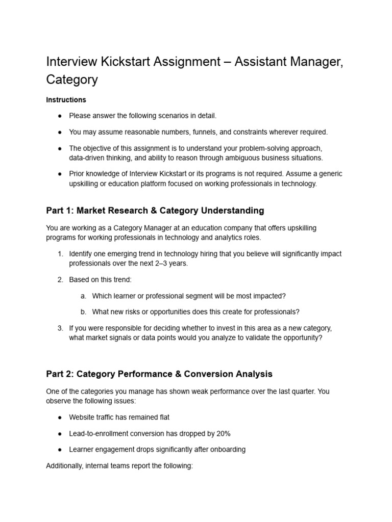 Interview Kickstart Assignment – Assistant Manager, Category | PDF