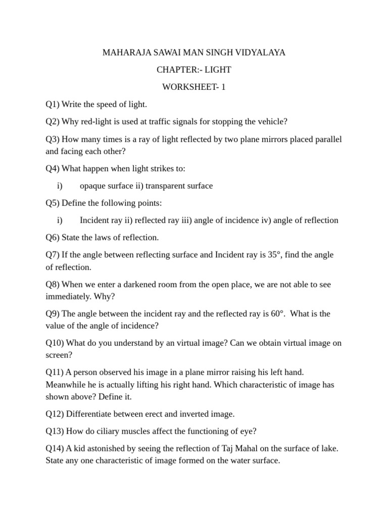 Light Worksheet for Class 8 Students | PDF