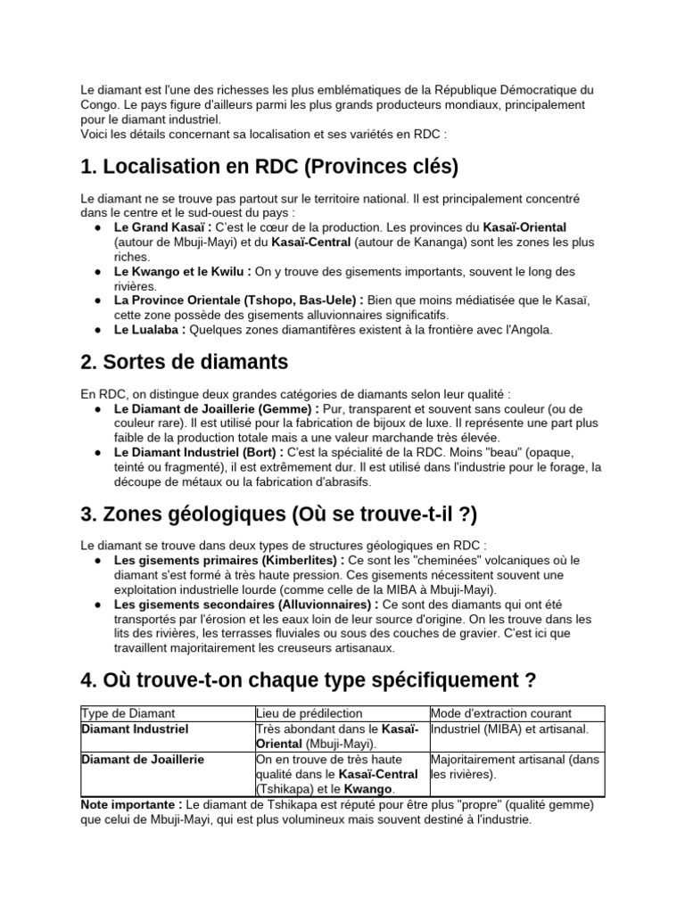 Diamants en RDC : Production et Localisation | PDF | Diamant ...
