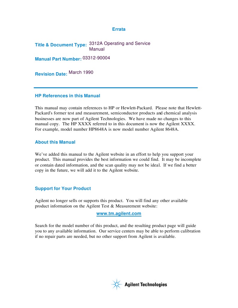 Hewlett Packard 3312A Function Generator Operating and Service Manual PDF