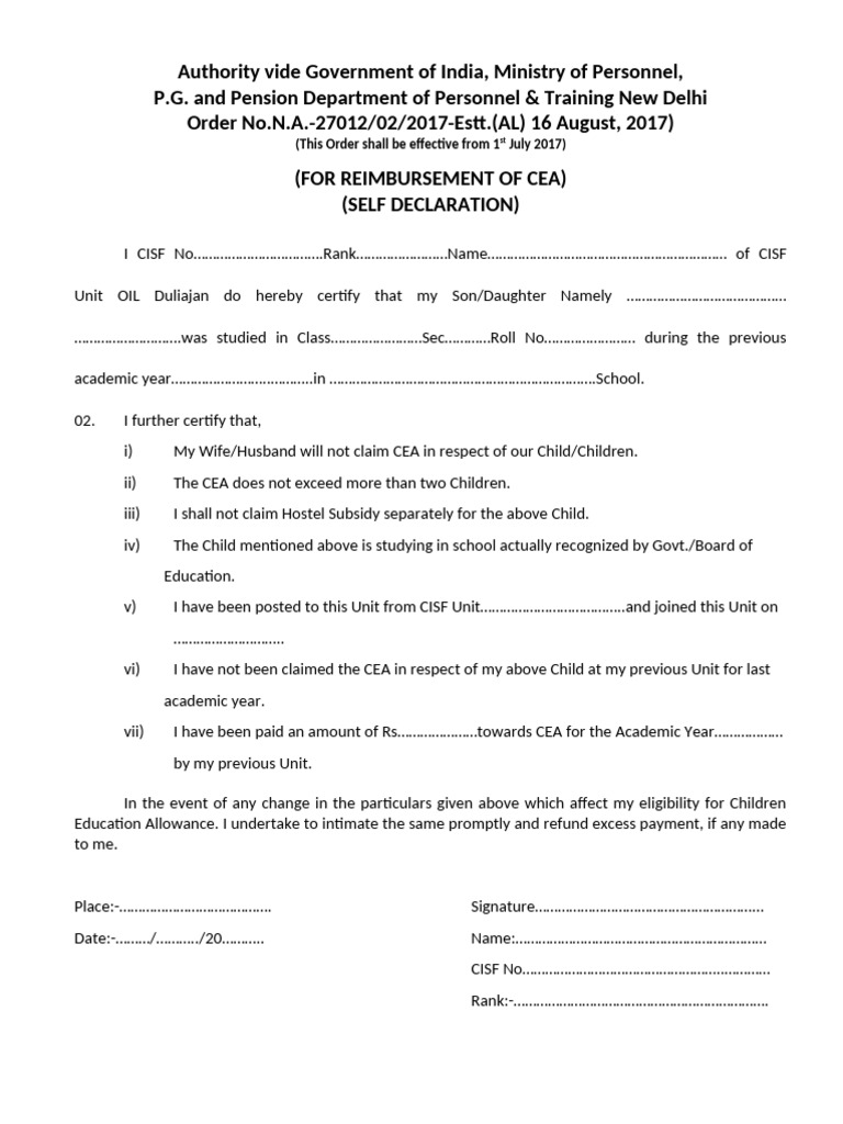 CEA Reimbursement Self-Declaration Form | PDF