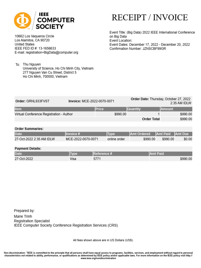 IEEE Big Data Conference Invoice 2022 | PDF