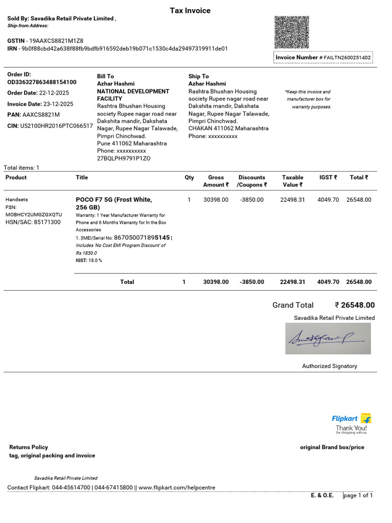 Invoice for POCO F7 5G Purchase | PDF | Payments | Taxes