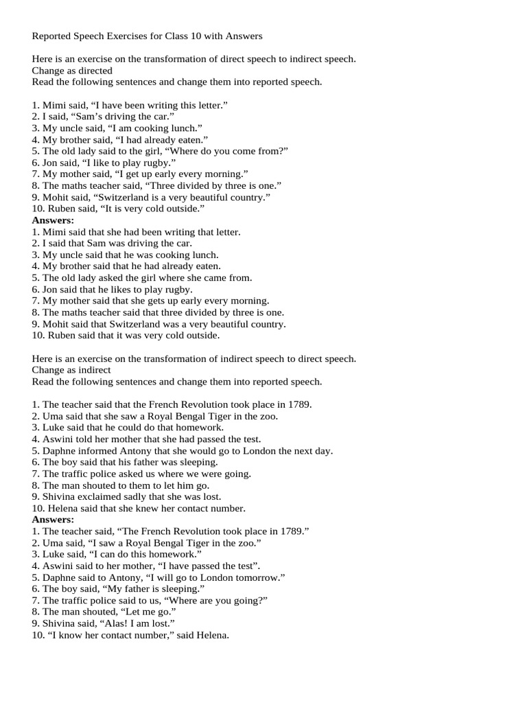 Reported Speech Exercises for Class 10 | PDF